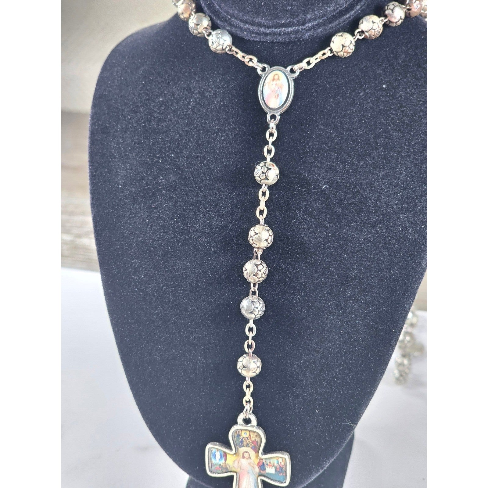 Vintage Rosary Necklace Sacred Heart Cross Religious Medal Beaded