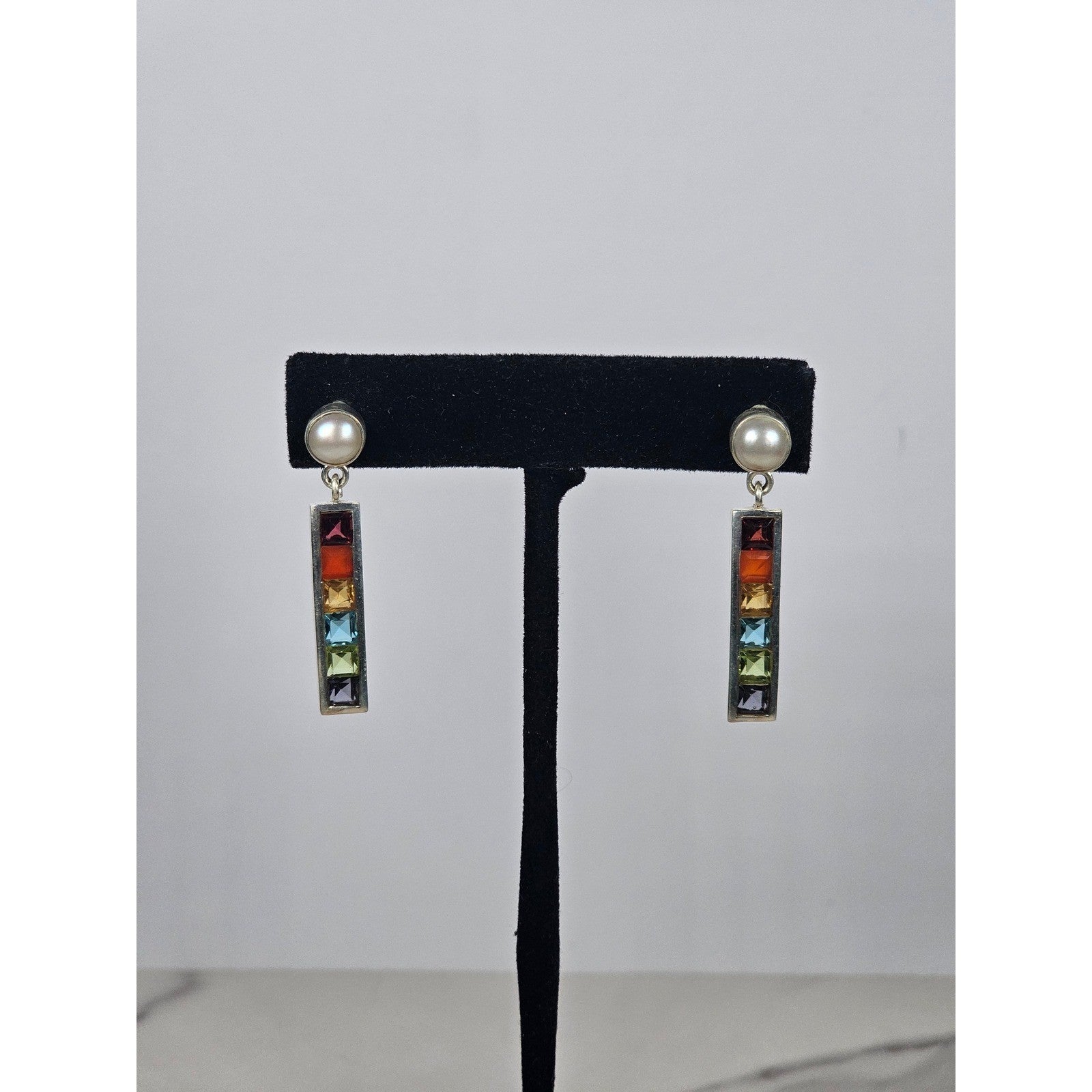 Vintage Rainbow Bar Drop Earrings with Pearl-Style Studs