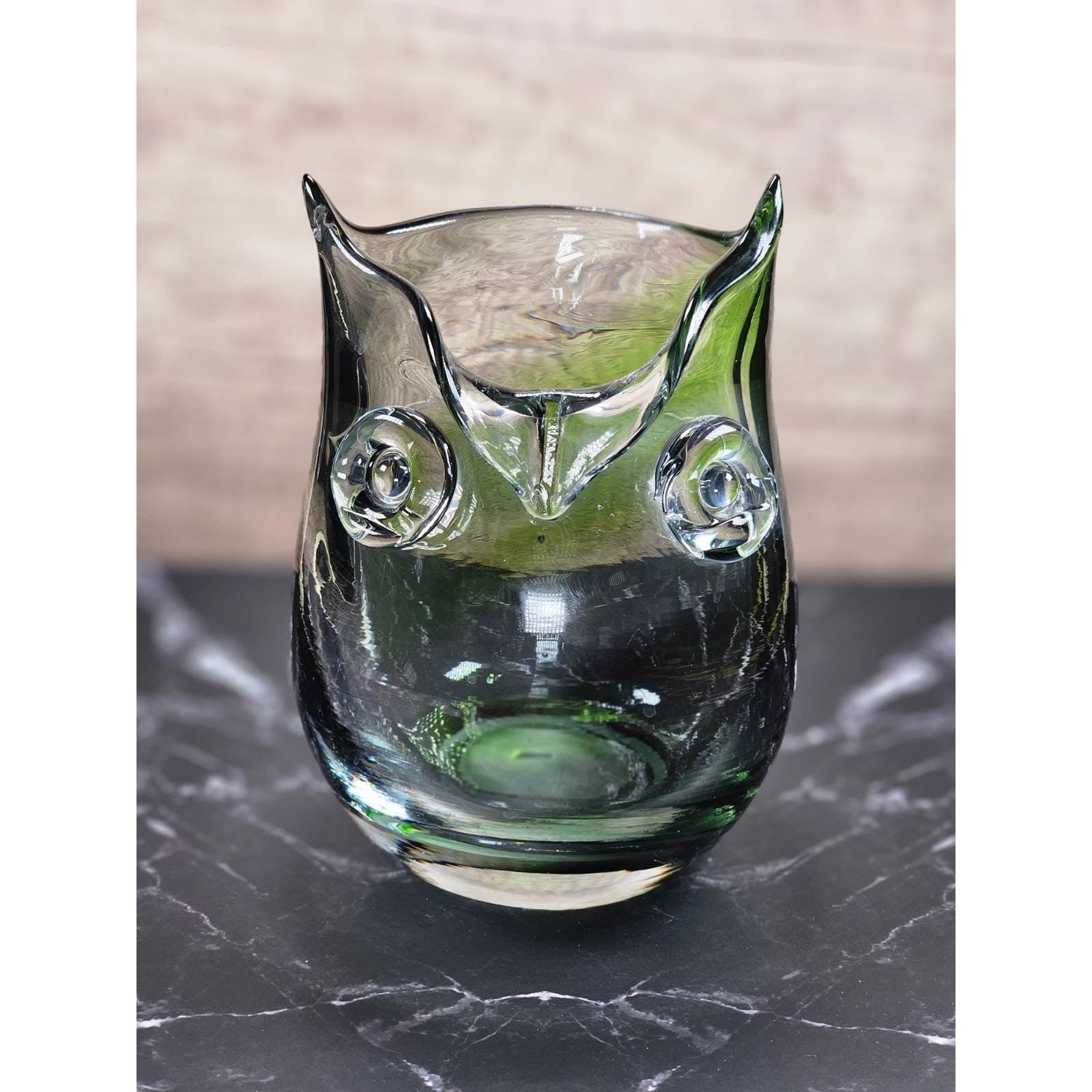 Vintage Hand Blown Glass Owl Vase Green Clear Art Glass