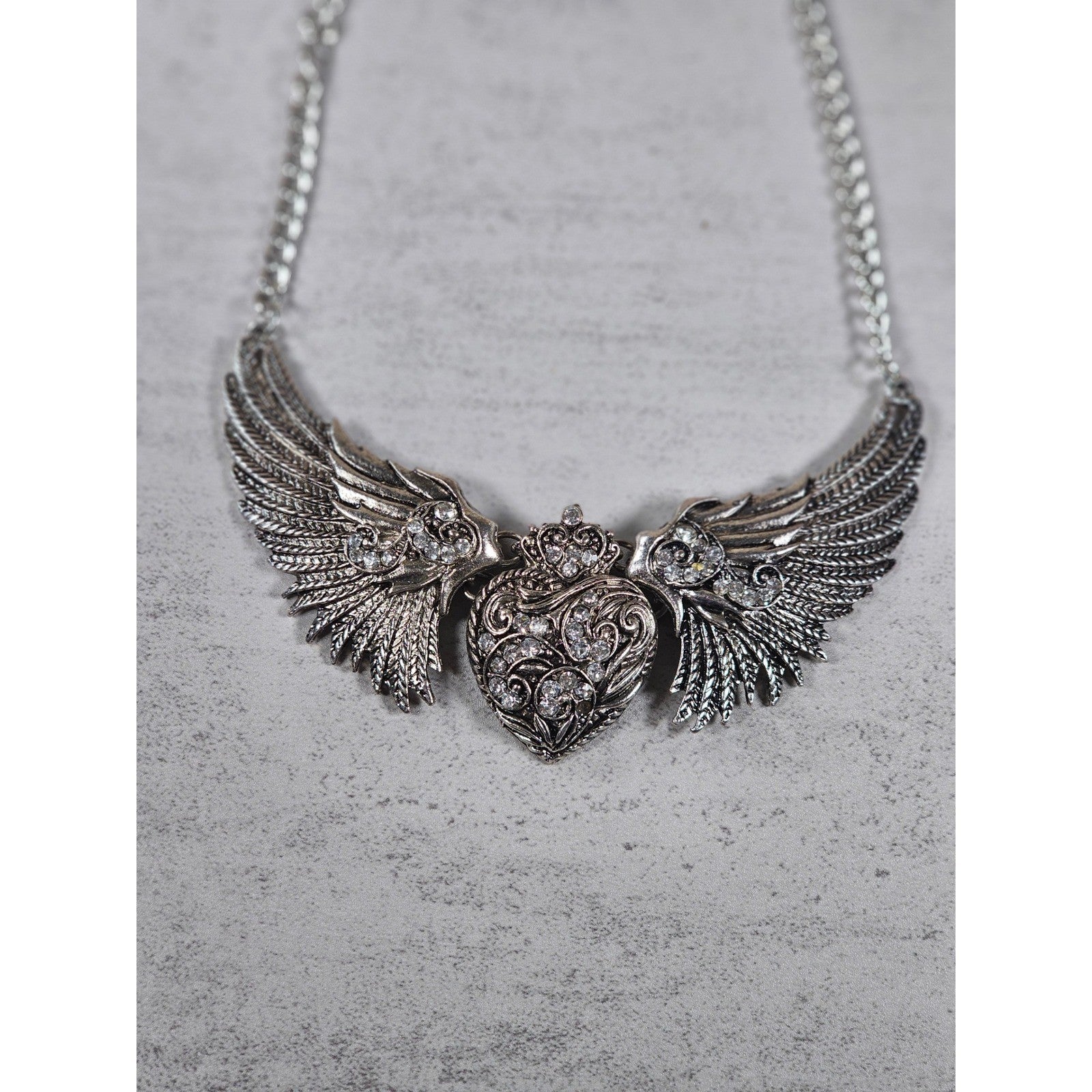 Vintage Winged Heart Rhinestone Necklace Silver Tone Statement