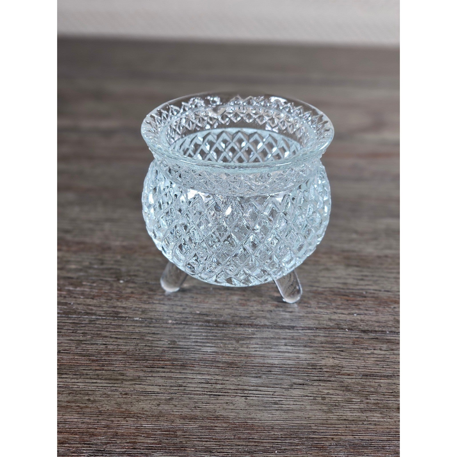 Vintage Cut Glass Footed Bowl 3x3 Diamond Pattern Trinket Dish