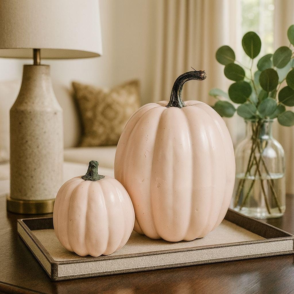 Vintage Blush Pink Ceramic Pumpkins Set Fall Decor Ribbed Pumpkins