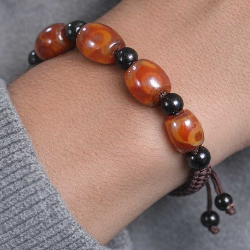Red Orange Agate Style Beaded Bracelet Adjustable Cord Black Beads