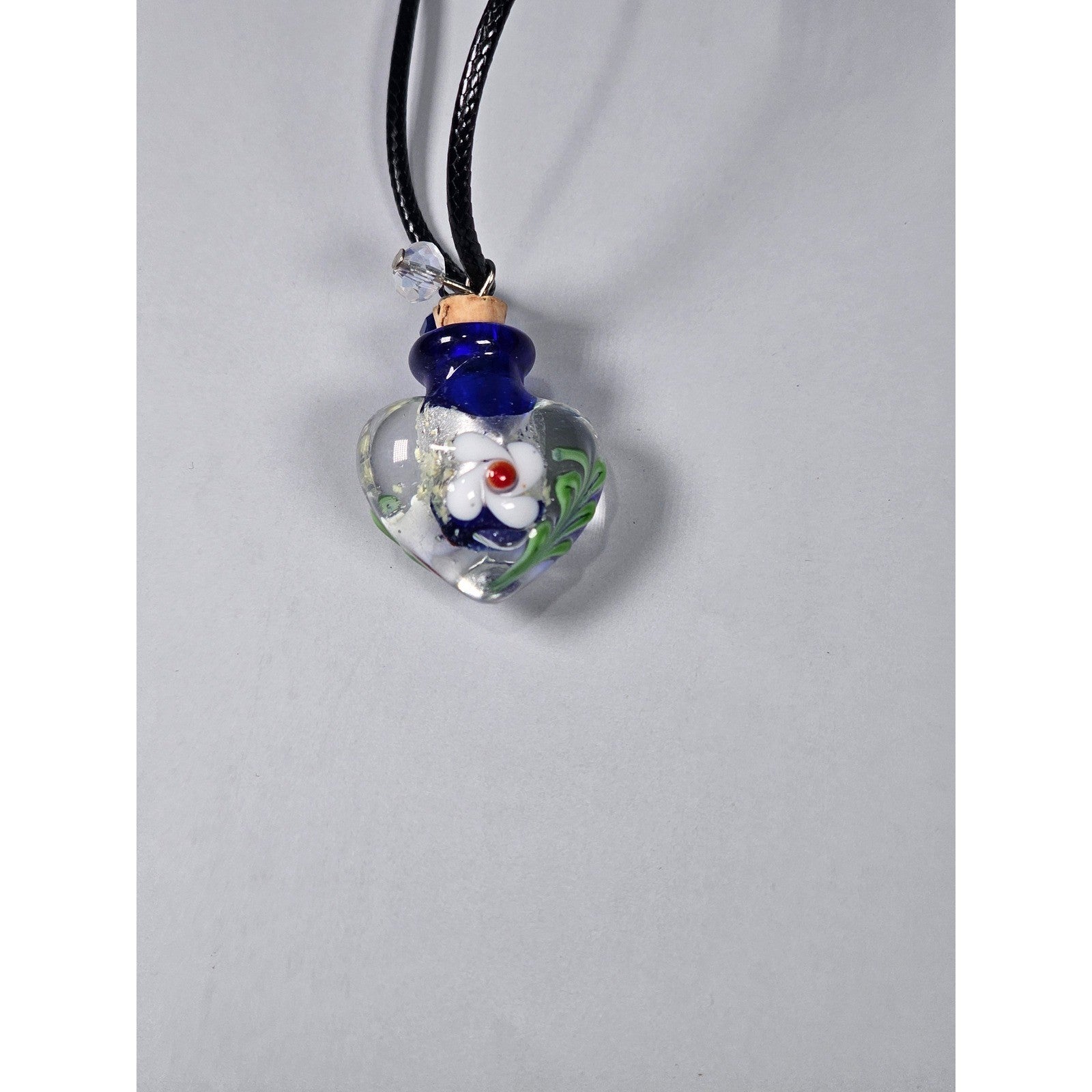 Vintage Glass Heart Bottle Pendant Necklace with Floral Design