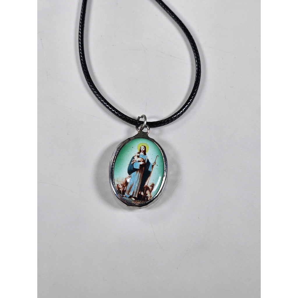 Vintage Madonna Pendant Necklace Blue Green Oval Religious Charm