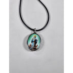 Vintage Madonna Pendant Necklace Blue Green Oval Religious Charm