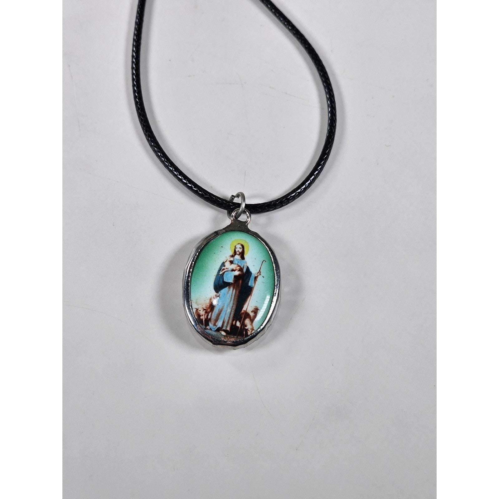 Vintage Madonna Pendant Necklace Blue Green Oval Religious Charm