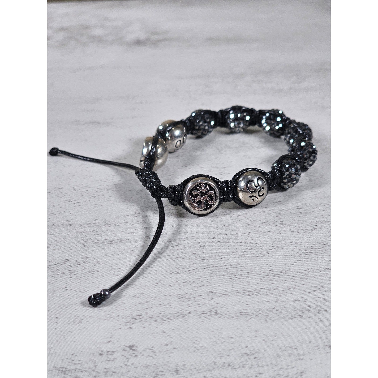 Adjustable Om Bracelet Black Cord Rhinestone Bead Spiritual Bracelet