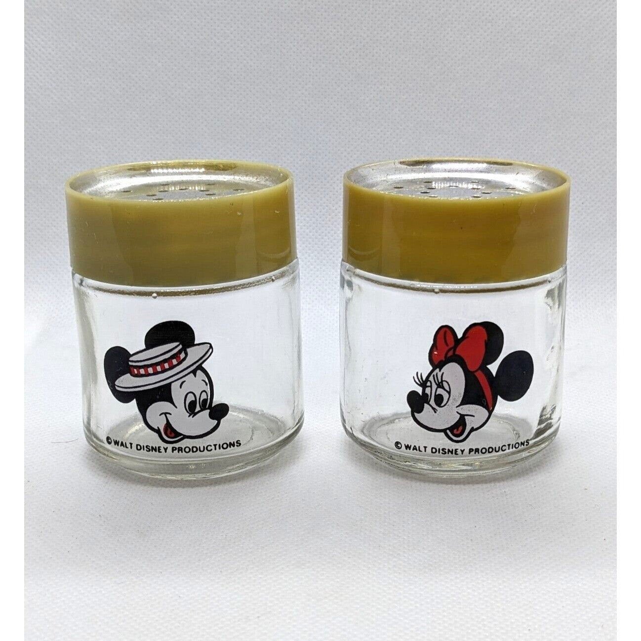 Vintage Walt Disney Mickey & Minnie Mouse Salt & Pepper Glass Shaker Set