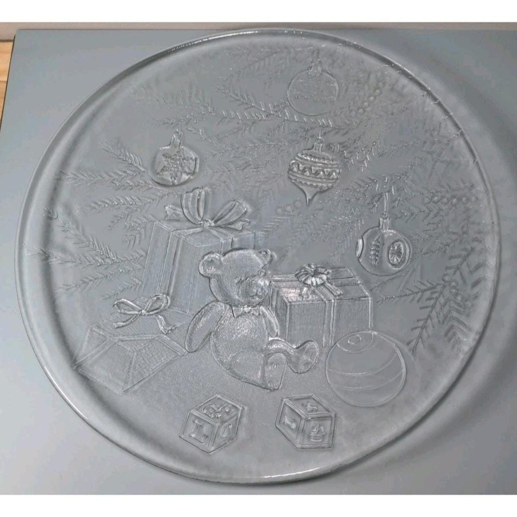 Vintage Clear Glass Teddy Bear Christmas Platter Holiday Serving Dish