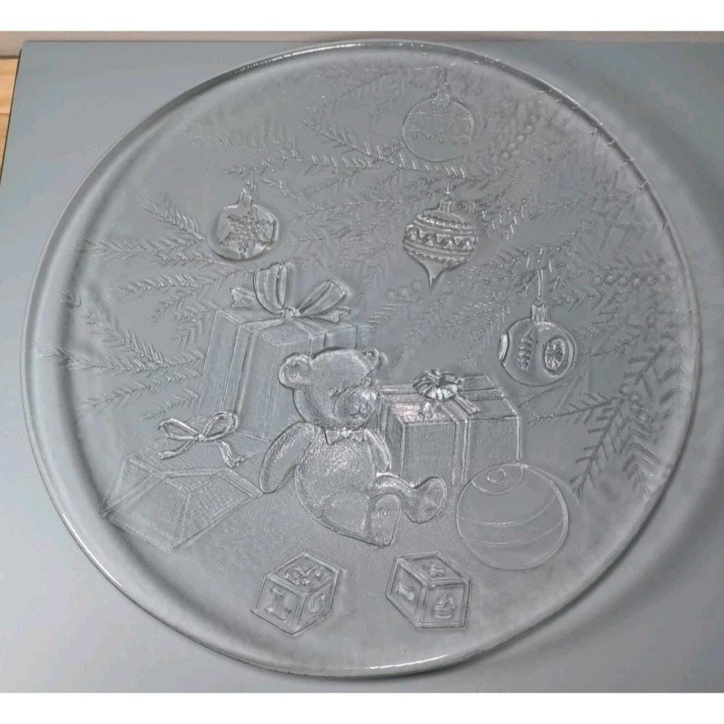 Vintage Clear Glass Teddy Bear Christmas Platter Holiday Serving Dish