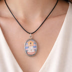 Vintage Buddhist Pendant Necklace Guanyin Lotus Oval Medallion