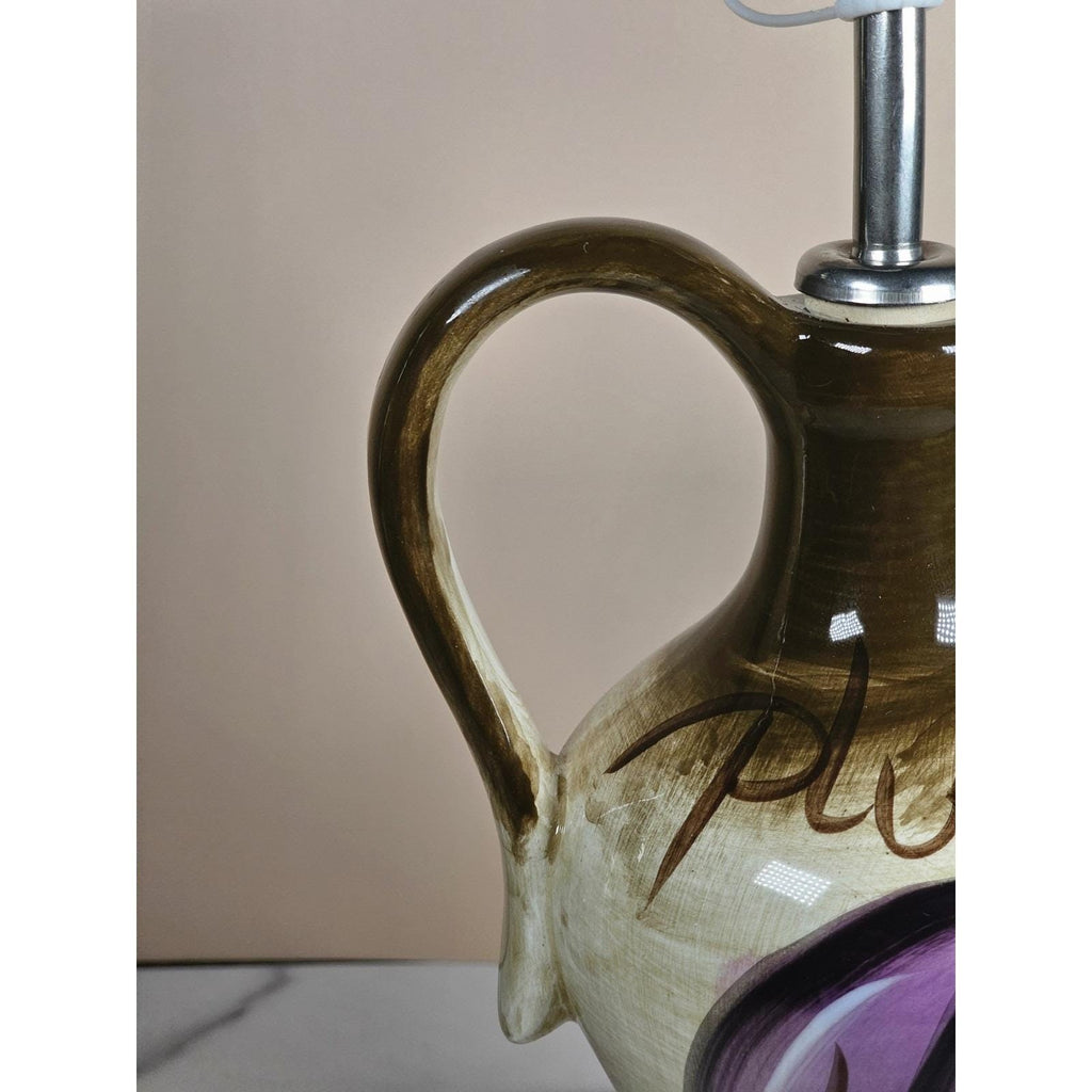 Vintage Rustic Orchard Plum Grape Oil Cruet Hand Painted Stoneware 9"