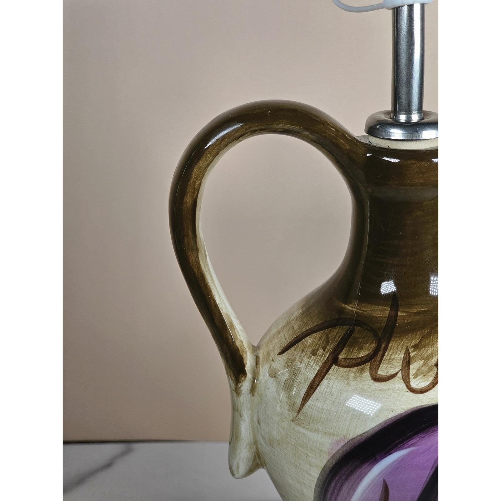 Vintage Rustic Orchard Plum Grape Oil Cruet Hand Painted Stoneware 9"