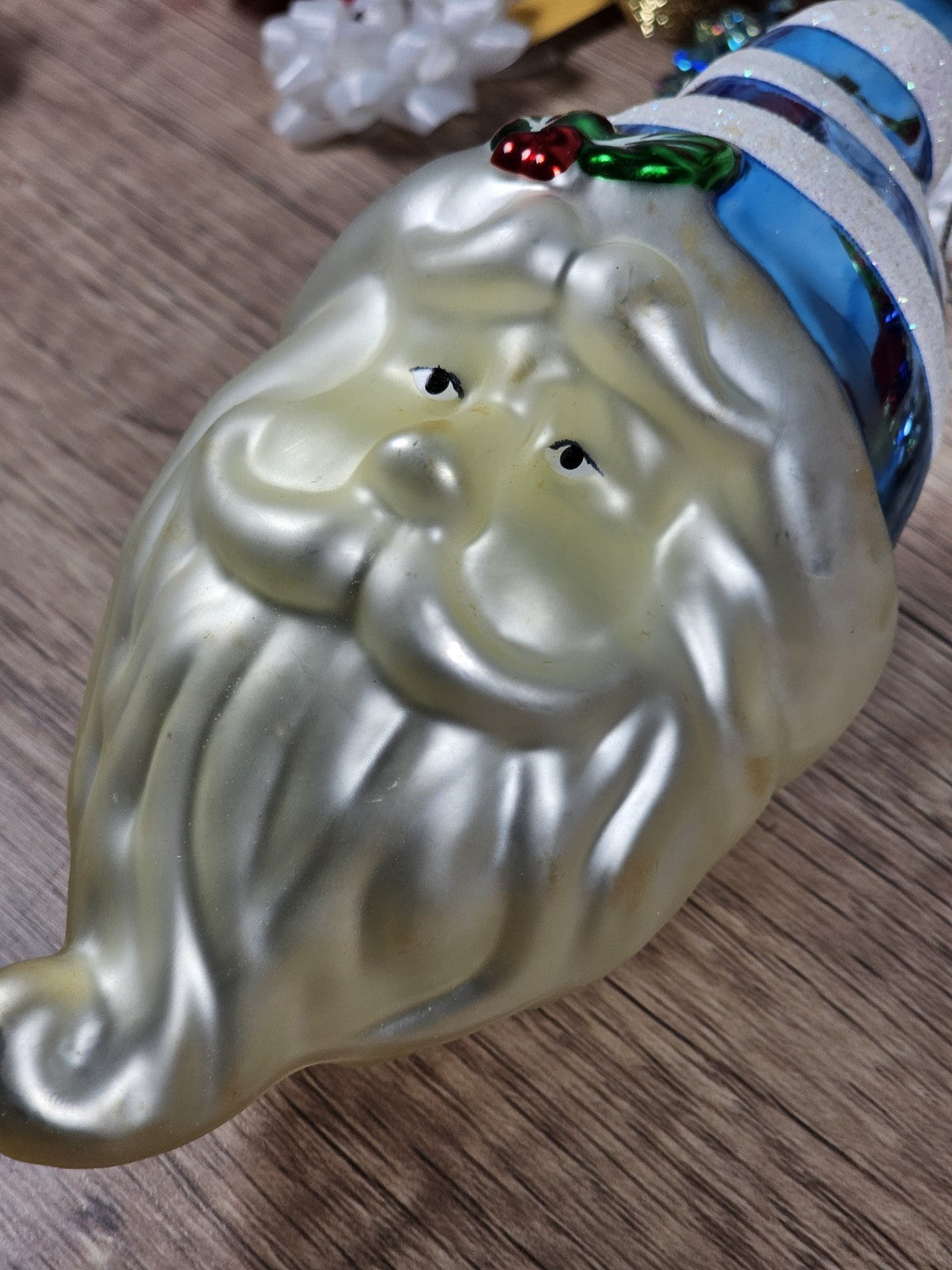 Vintage Handblown Glass Santa Ornament 7" Tall With Blue Striped Hat & Holly