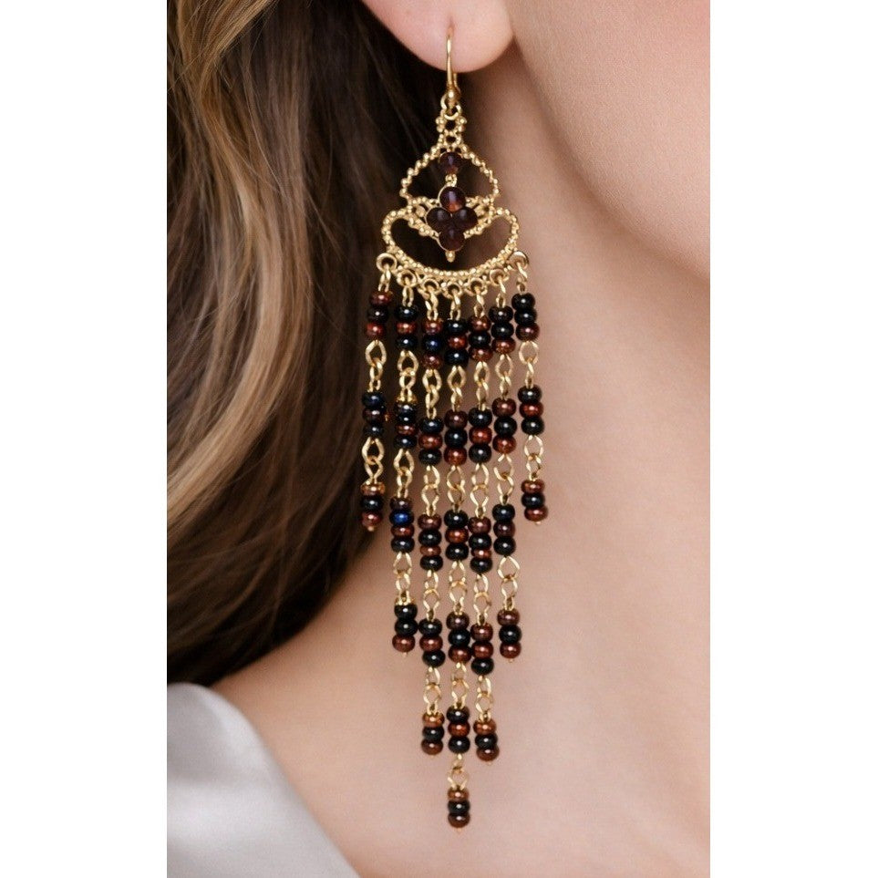 Vintage Gold Tone Beaded Chandelier Earrings Brown Black Dangle