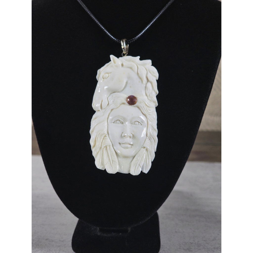 Vintage Hand Carved Natural Material Horse Female Portrait Pendant