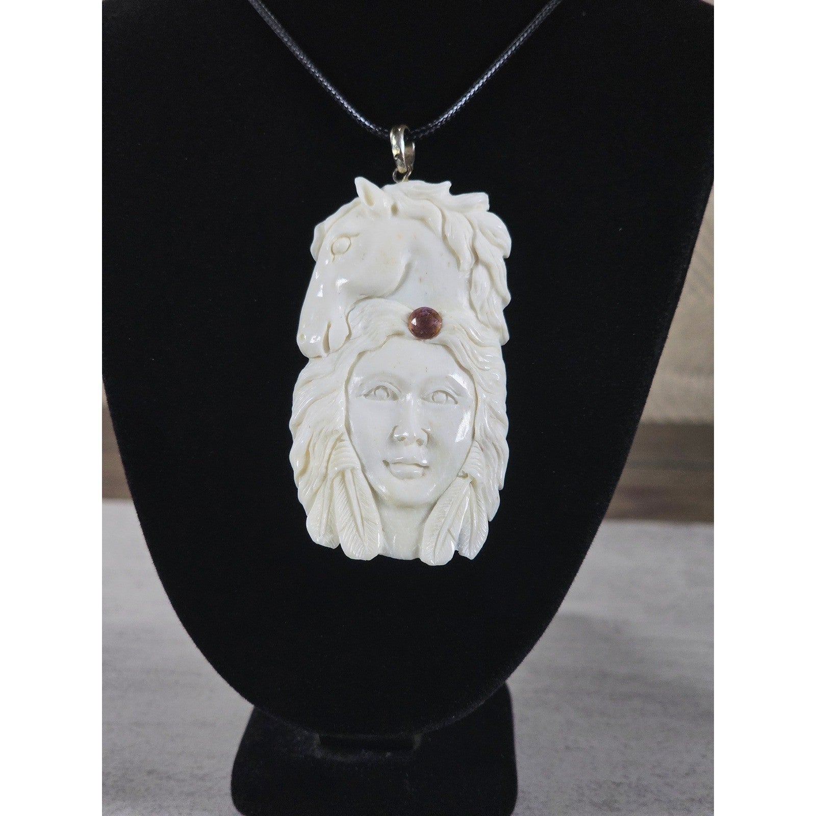 Vintage Hand Carved Natural Material Horse Female Portrait Pendant