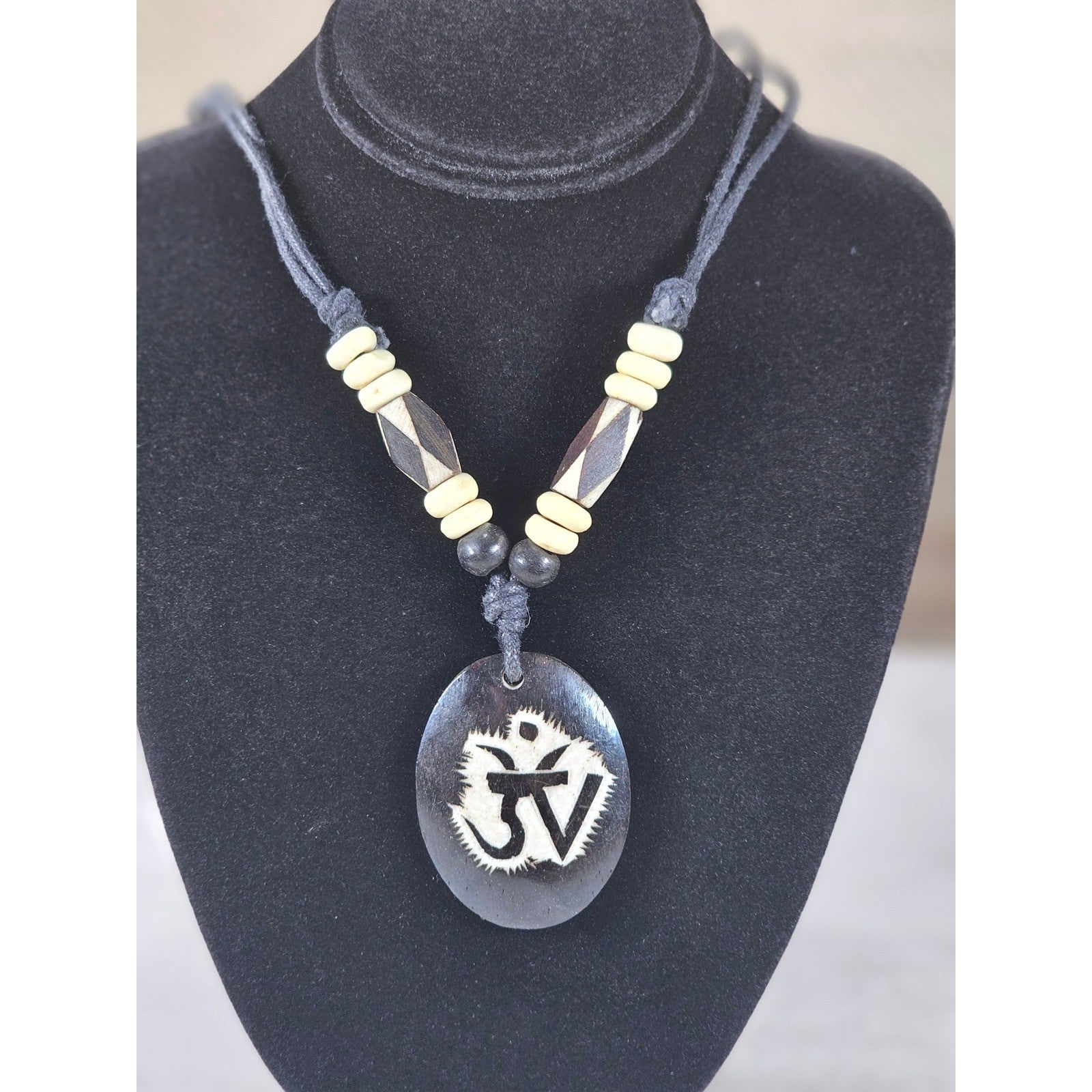 Vintage Hand Carved Pendant Necklace Black Cord Tribal Style