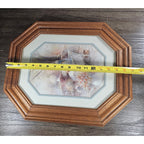 Vintage Framed Pastoral Art Print Octagon Wood Frame Cottage Garden Scene