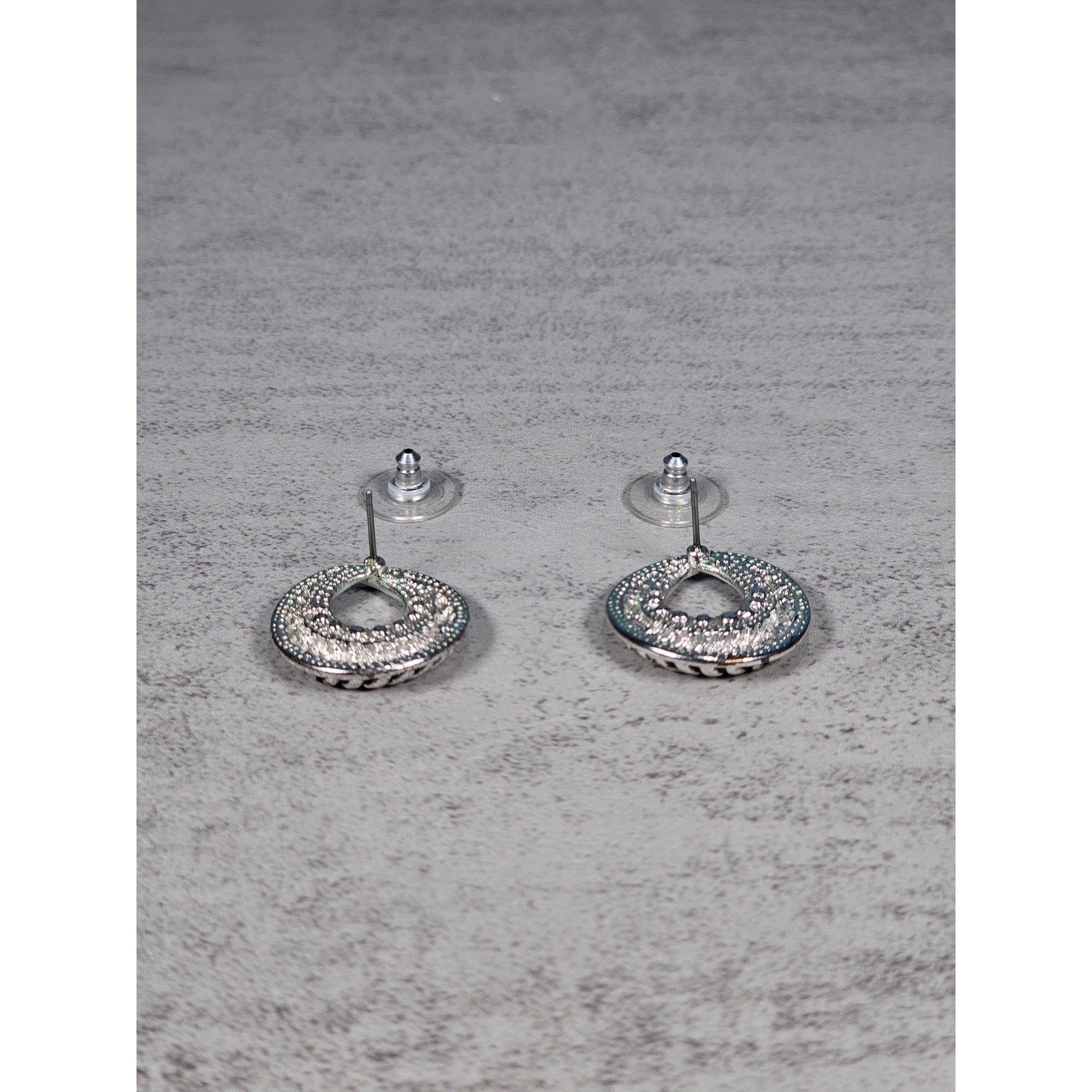 Vintage Silver-Tone Swirl Circle Stud Earrings with Rhinestone Accent