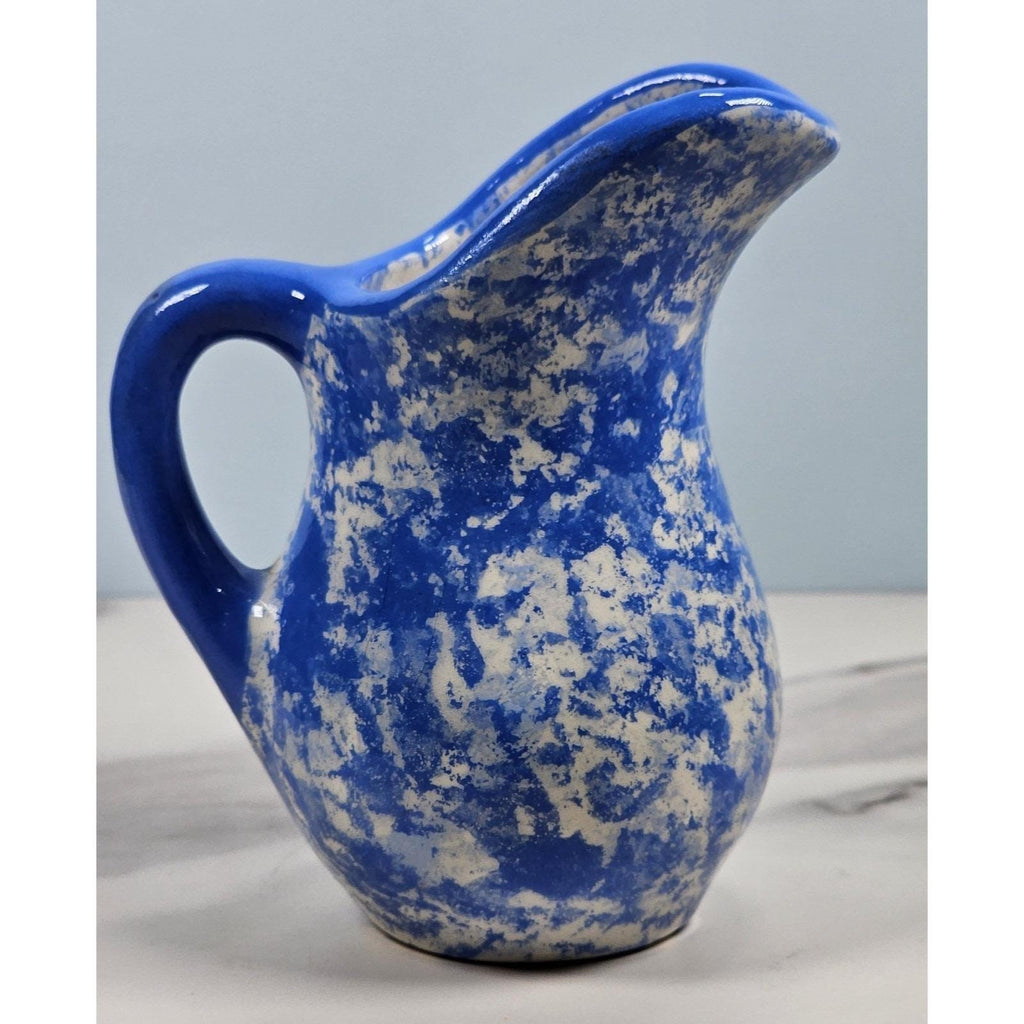 Vintage Blue & White Spongeware Pitcher and Bowl Set Rustic Pottery