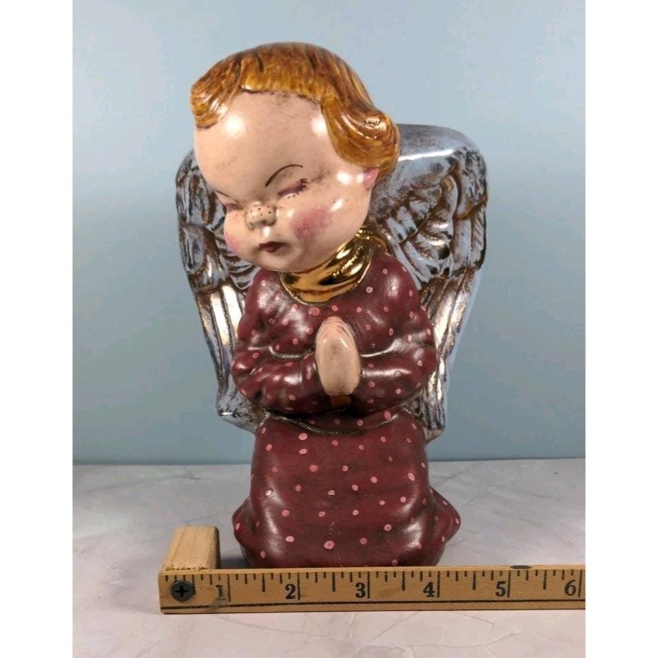 Vintage Kneeling Angel Planter Vase Ceramic Polka Dot