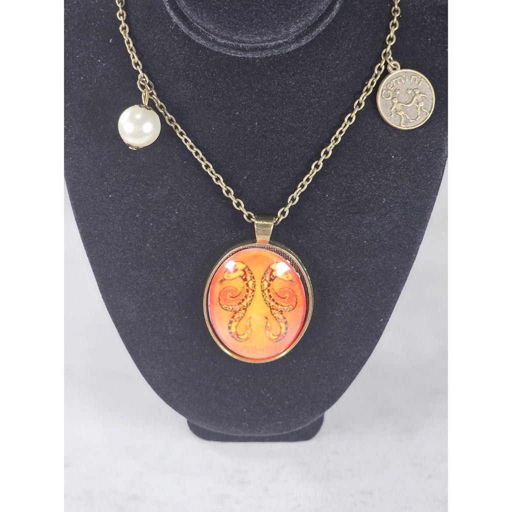 Vintage Gemini Snake Pendant Necklace Orange Zodiac Charm