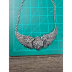 Vintage Winged Heart Rhinestone Necklace Silver Tone Statement