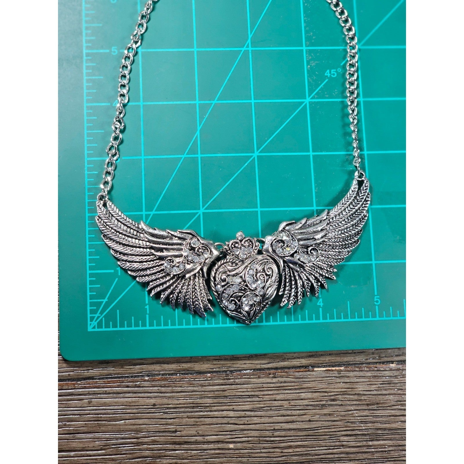Vintage Winged Heart Rhinestone Necklace Silver Tone Statement