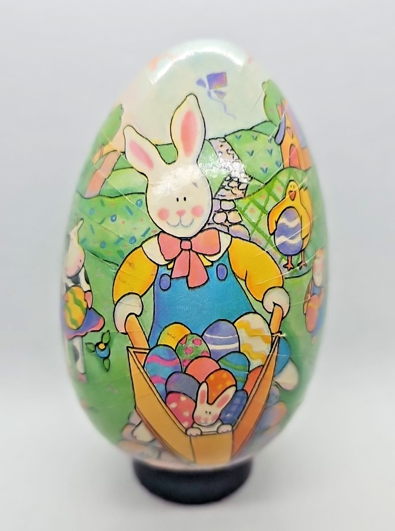 Vintage Paper Mache Egg Rabbit with Wheelbarrow Full of Eggs