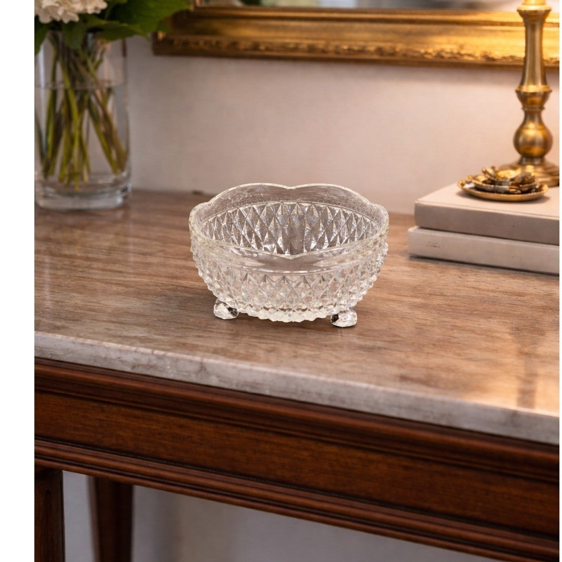 Vintage Pressed Glass Footed Bowl Heart Rim Clear Glass Candy Dish