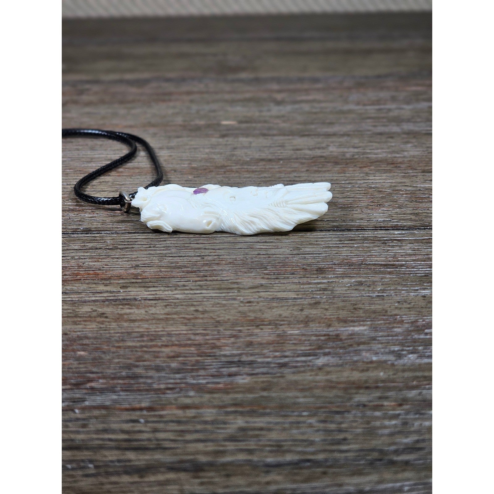 Carved Buffalo Bone Pendant Woman & Horse Motif 3x1 Inch Statement Necklace