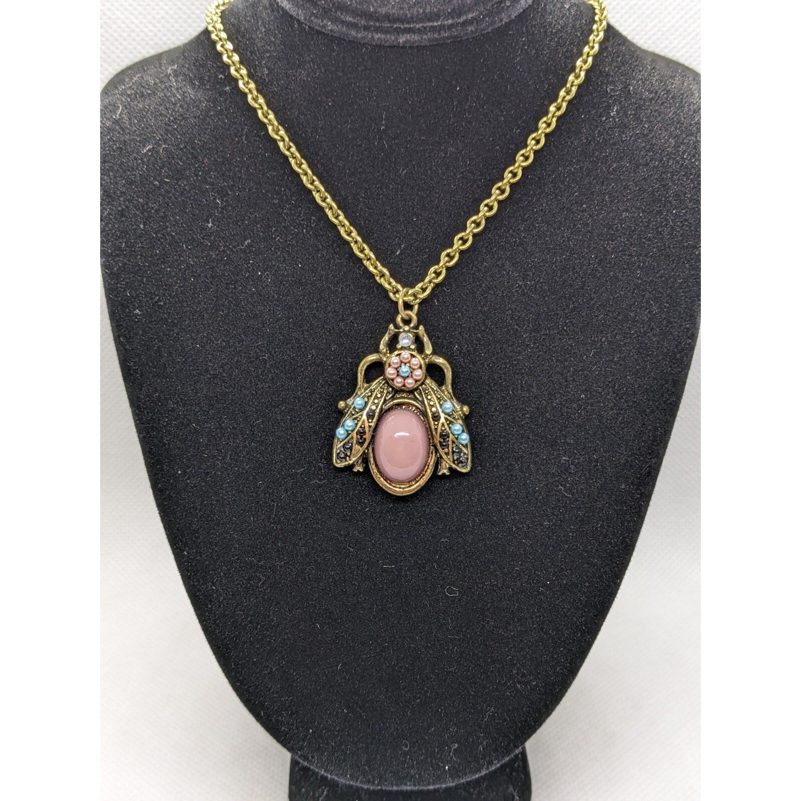 Gold Beetle Necklace 20 Inch Beaded Vintage Inspired Pendant