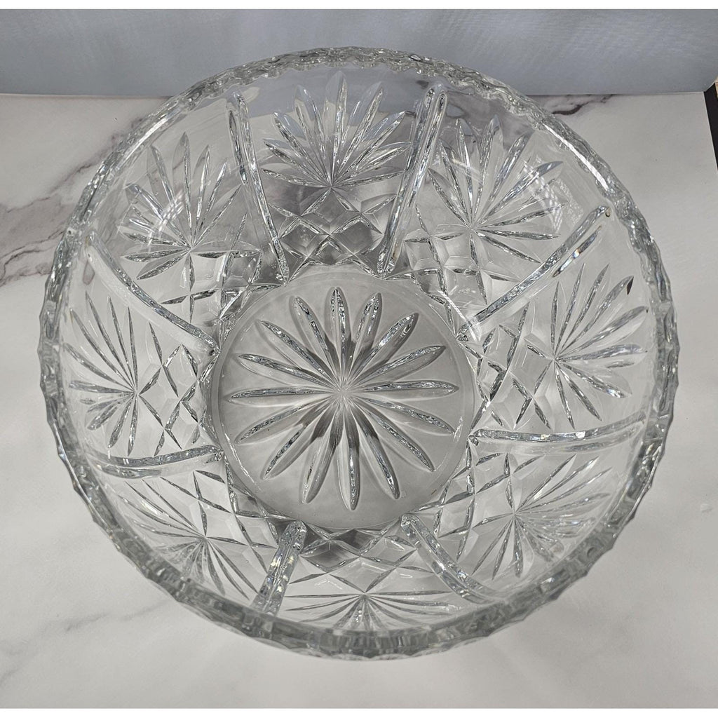 Vintage Cut Crystal Glass Bowl Starburst Pattern Scalloped Rim