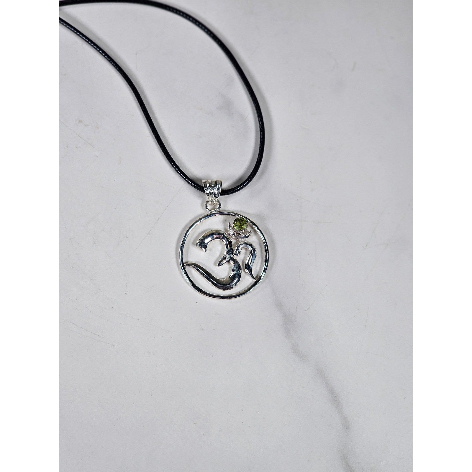 Vintage Sterling Silver Om Pendant with Green Stone Accent