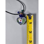Glass Heart Bottle Pendant Necklace with Floral Design on Black Cord