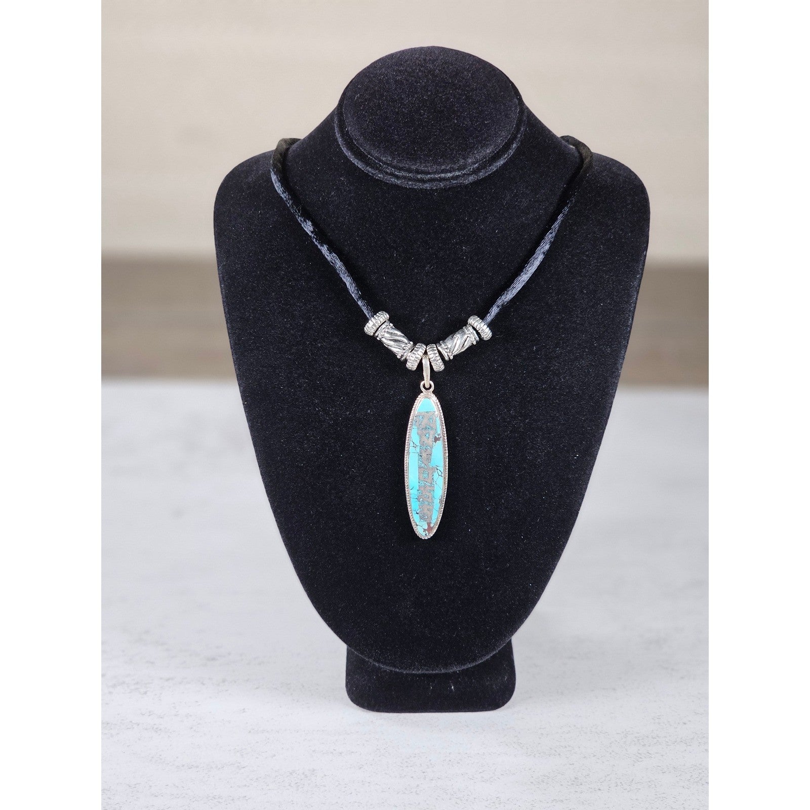 Vintage .925 Sterling Turquoise Pendant Necklace Boho Silver