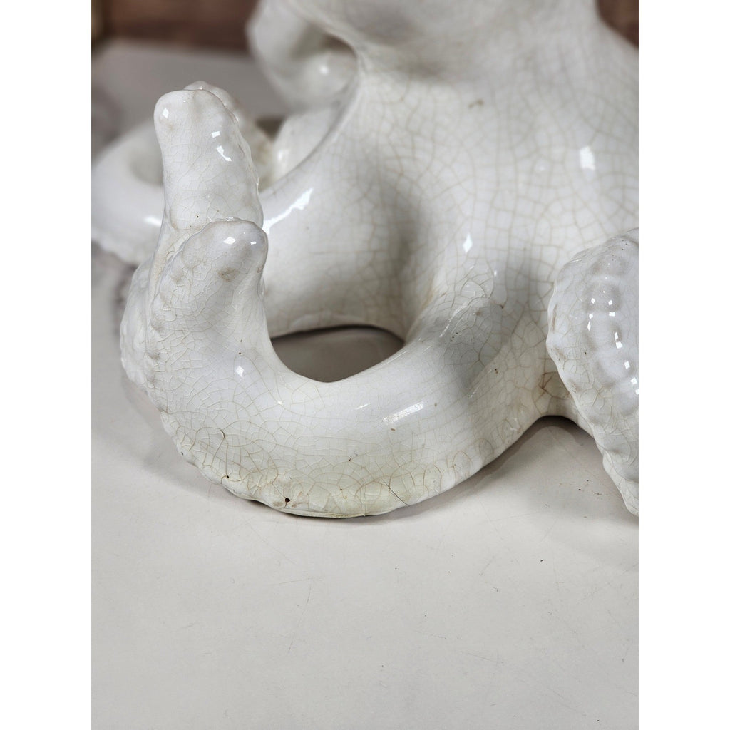 White Crackle Glaze Ceramic Octopus Figurine Nautical Coastal Home Decor Accent