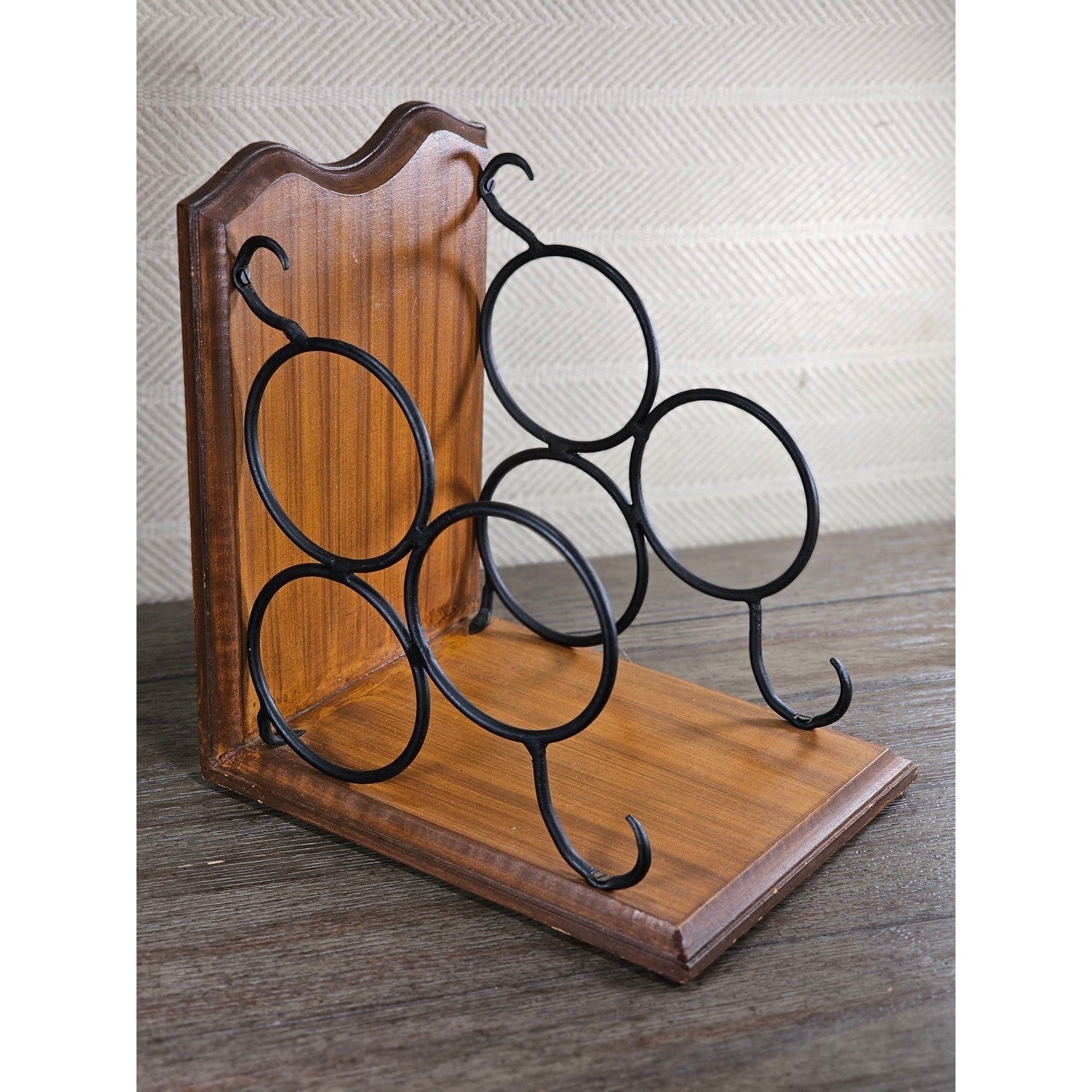 Vintage Countertop Wine Bottle Rack | Wood & Black Metal | Holds 3 Bottles