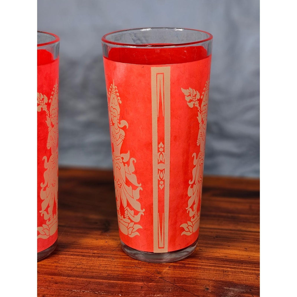 Vintage Red Asian Dancer Gold Glasses Set of 2 Tall Drinking Tumblers