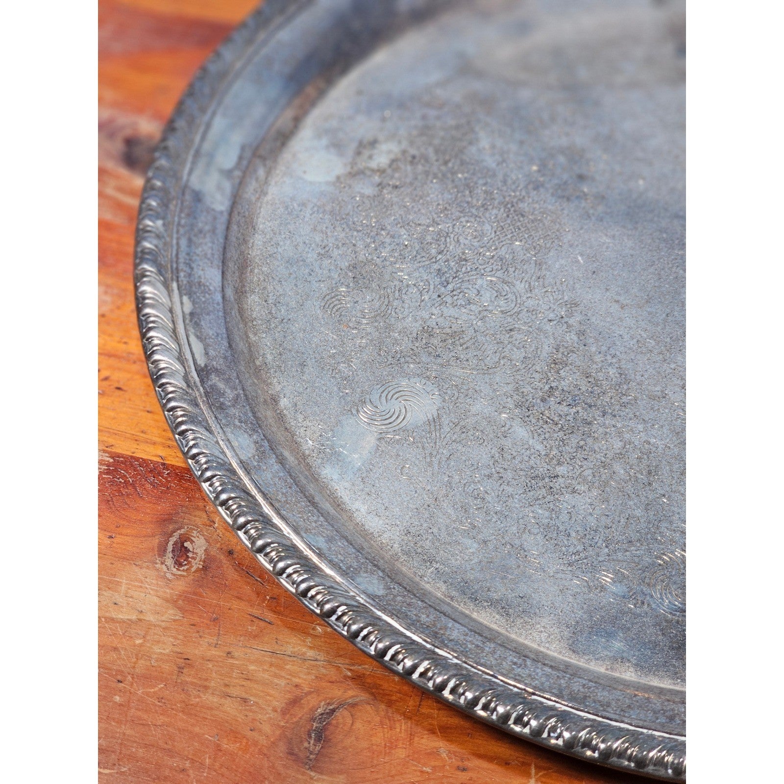 Vintage Silverplate Serving Tray 12 Inch Round Etched Floral Pattern