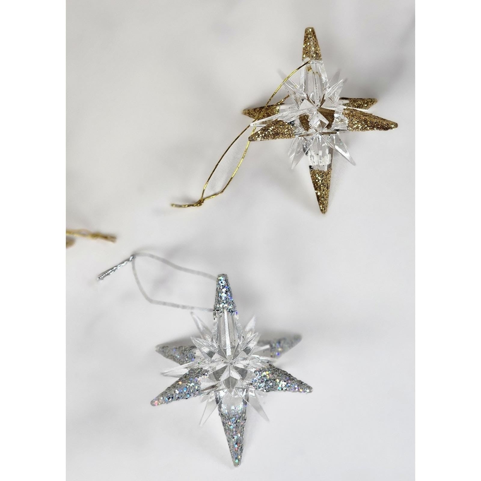 Set of 3 Star Acrylic Ornaments Gold Silver Glitter Holiday Tree Decor