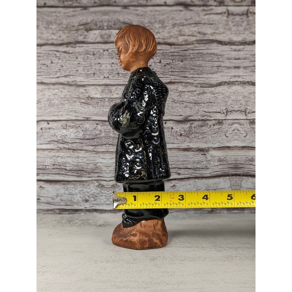 Vintage Ceramic Child Figurine Black Embossed Coat 9.5 Inch Statue