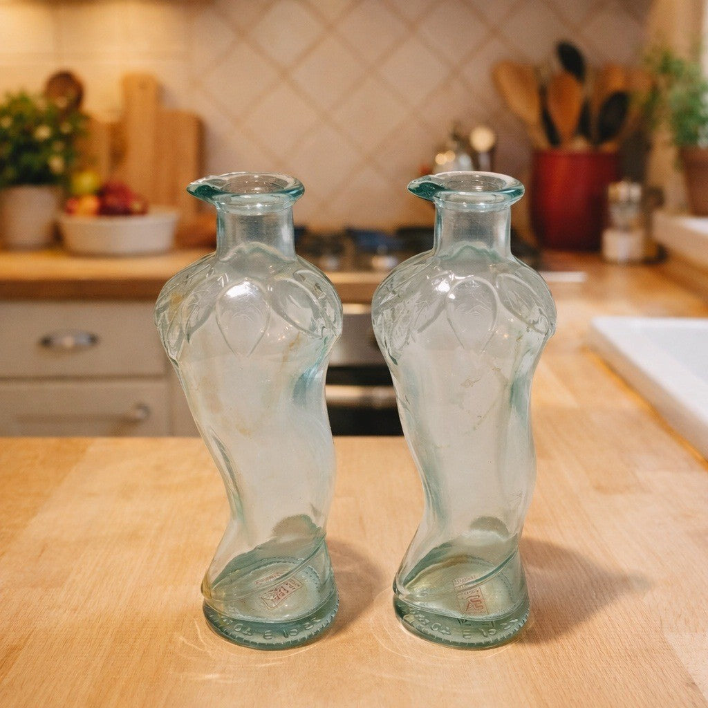 Vintage Pair of Vetreria Etrusca Italian Green Glass Olive Oil / Pepper Bottles