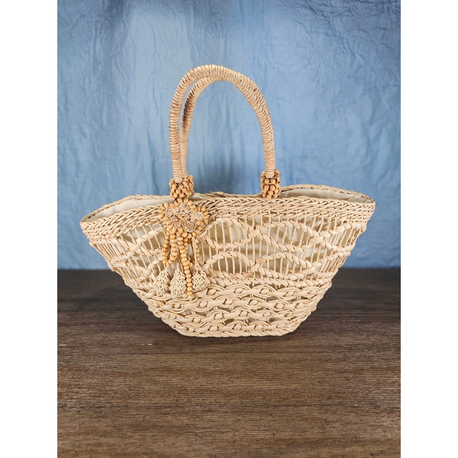 Vintage Woven Straw Tote Bag with Wooden Beads Boho Natural Purse
