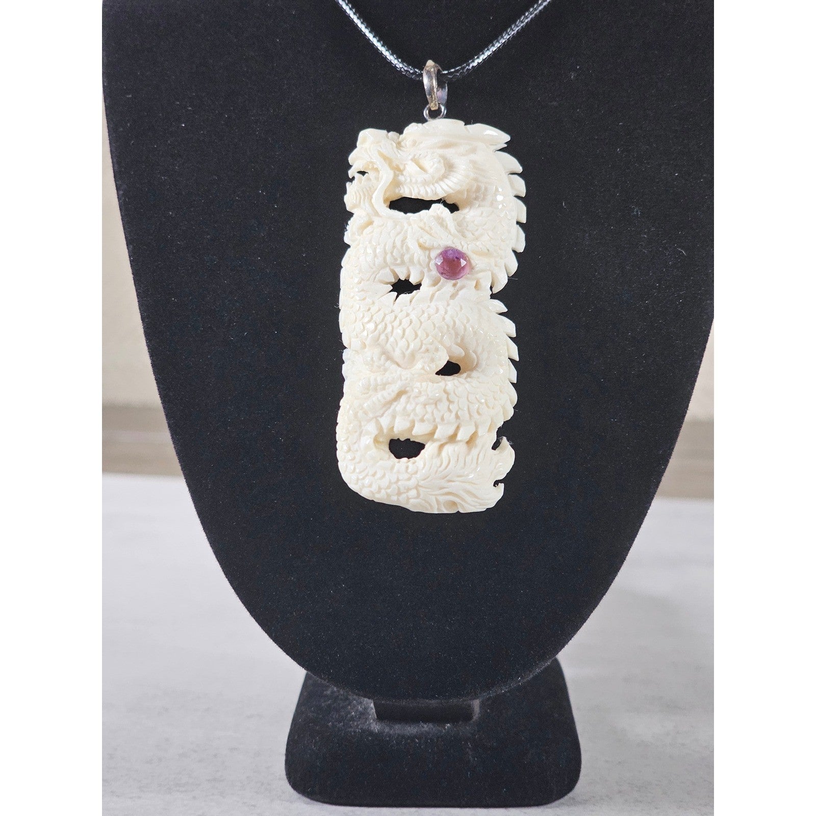 Vintage Carved Dragon Pendant Necklace With Pink Stone