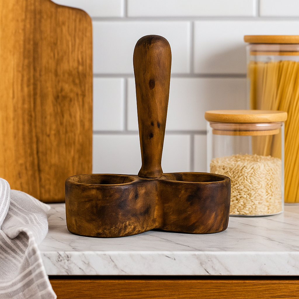 Vintage Wooden Salt & Pepper Shaker Holder – Rustic Kitchen Decor (70s)