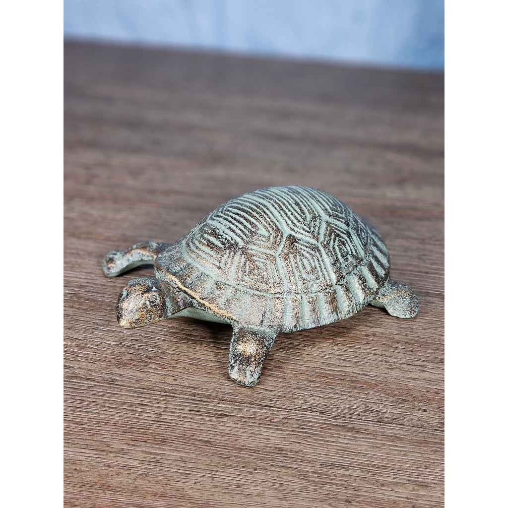 Cast Iron Turtle Decor Tabletop Accent Green Patina Coastal Figurine