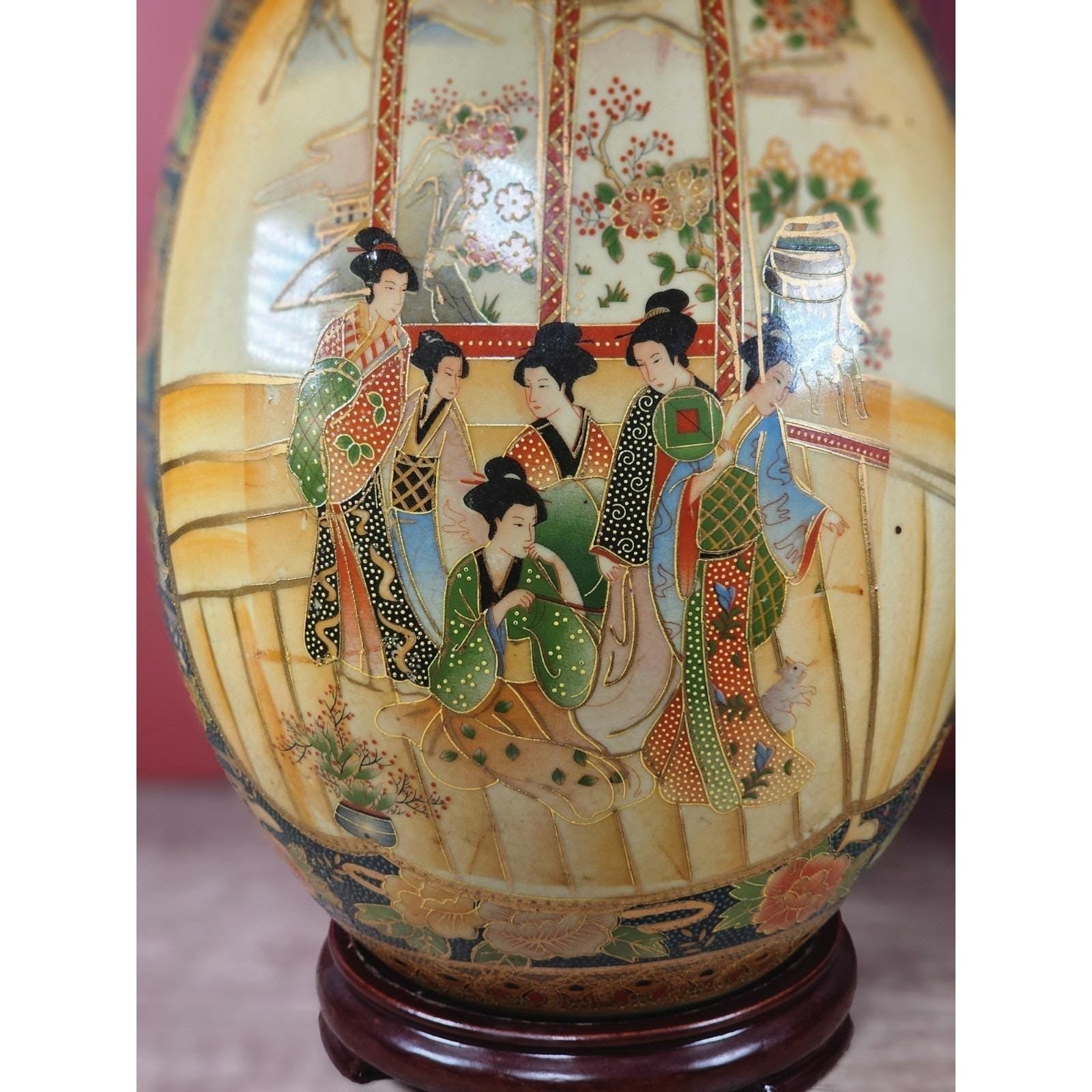 Large Vintage Satsuma Style Porcelain Egg on Stand | Hand-Painted Geisha Decor